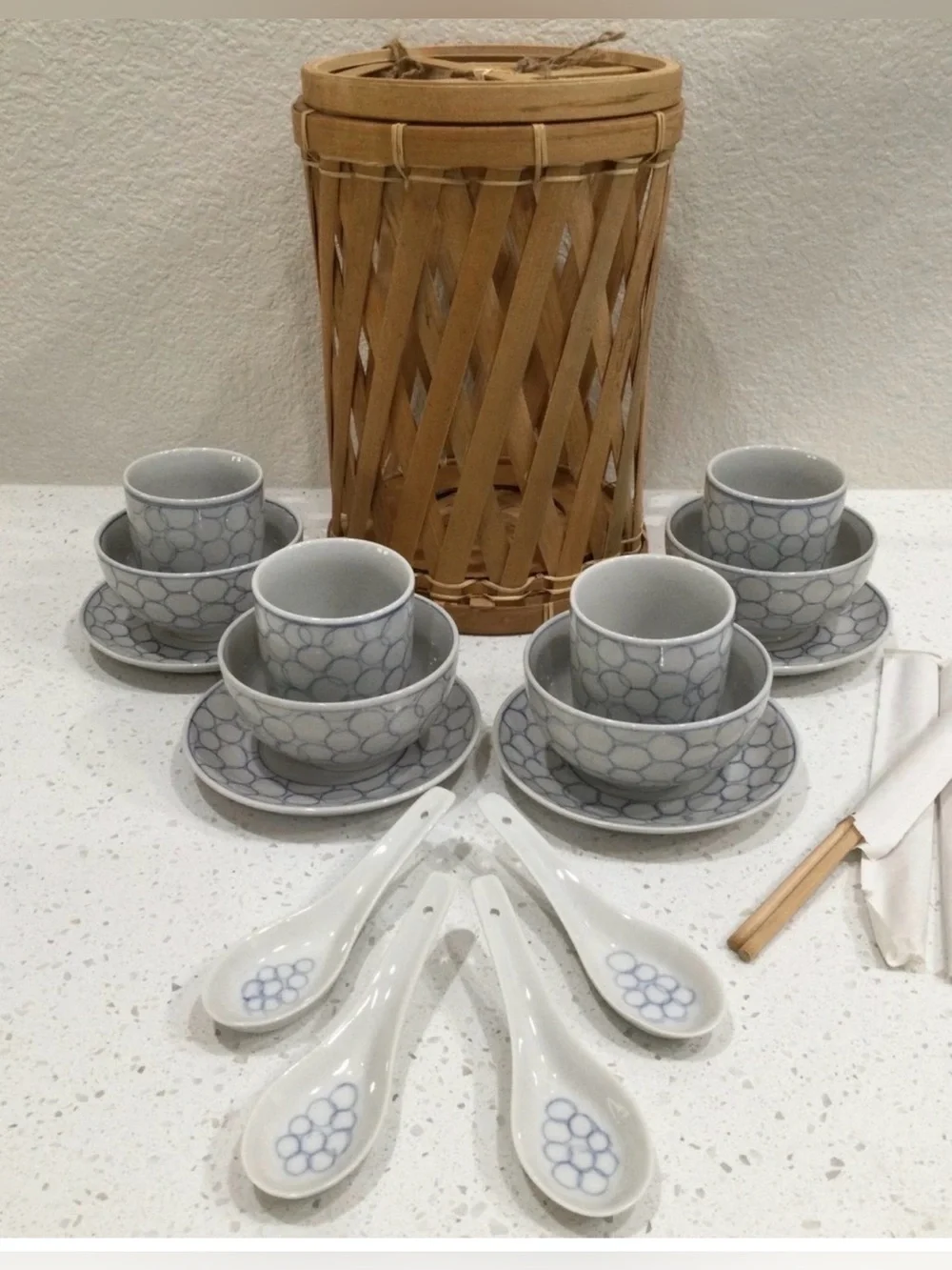 IKEA Asian 16 pc set dinnerware set with Bamboo Basket